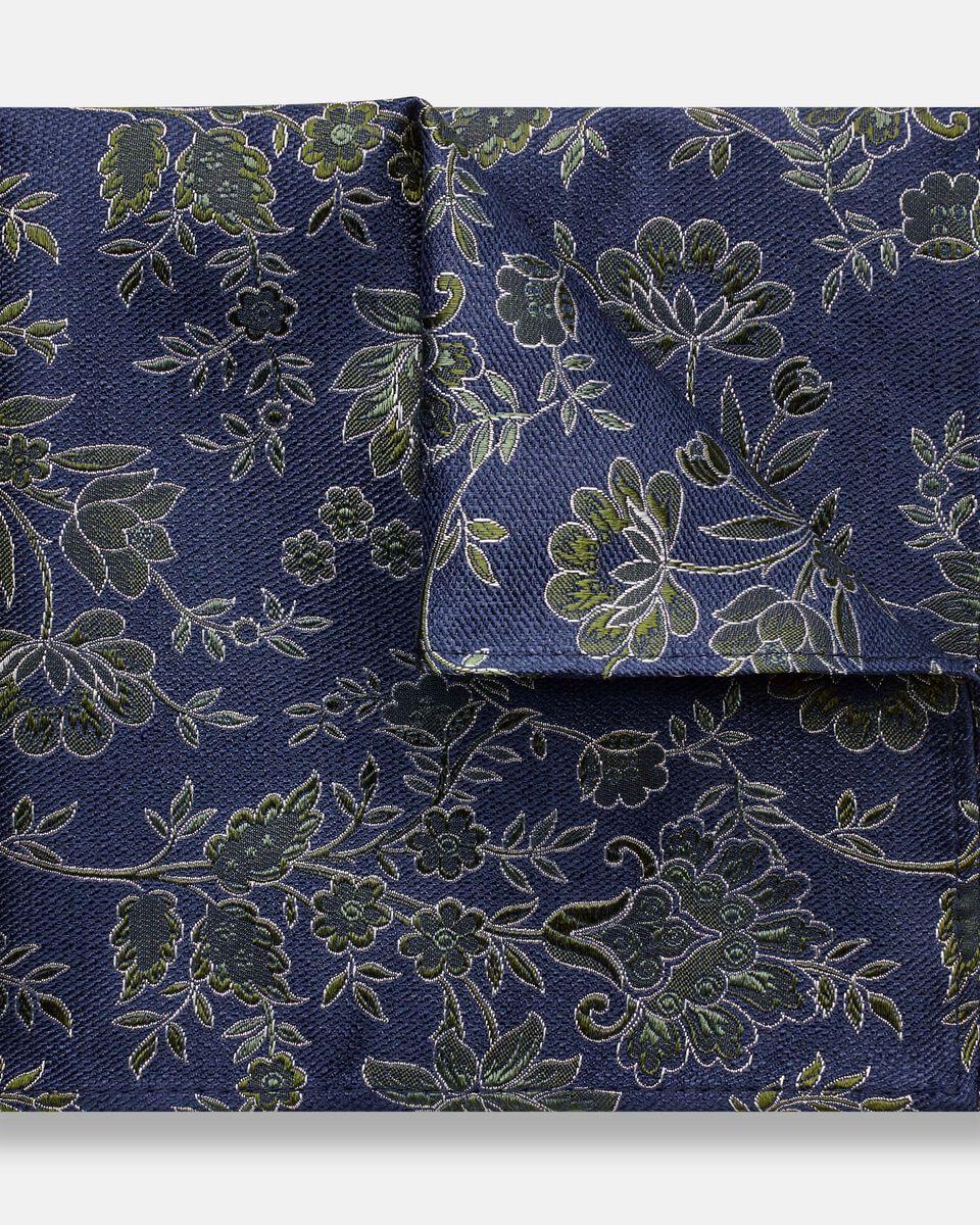 Navy & Sage Floral Silk Pocket Square